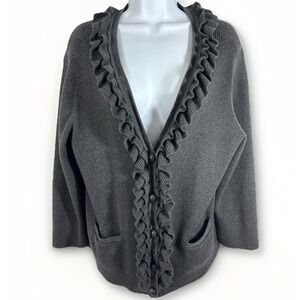 Talbots‎ Woman 2X Gray Ruffle Trim Button Front Cardigan Sweater Pockets Soft